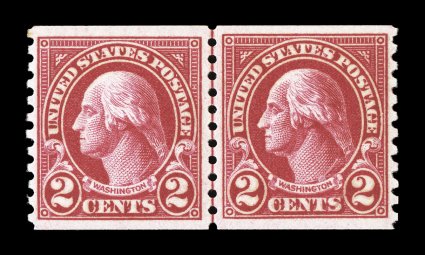 599, 599A, 2c Carmine coil, Ty. I and Ty. II combination joint line pair, the left stamp being Type I and the right stamp Type II, beautifully centered, strong color, o.g.,
n.h., extremely fine a scarce line pair that is particularly difficult