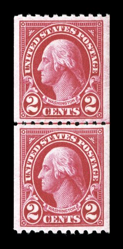 606, 2c Carmine, perf. 10 horiz., gem joint line pair, deep fiery color, extraordinarily well centered within large margins, o.g., n.h., extremely fine 2007 PSE certificate
(Superb 98 SMQ $235.00) one of only two line pairs to grade 98, t