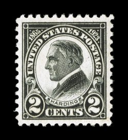 610, 2c Harding, precisely centered within large balanced margins, deep color and a strong impression, o.g., n.h., extremely fine gem 2007 PSE certificate (Superb 98 SMQ
$250.00).
