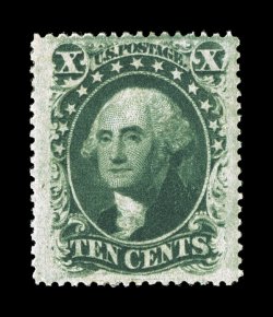 35, 10c Green, Ty. V, exceedingly well centered within lavishly large margins, sumptuously rich color and a deeply etched impression, full o.g., relatively lightly hinged,
extremely fine gem 2007 PSE certificate.