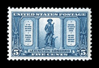 619, 5c Lexington-Concord, exceedingly well centered within large margins, deeply rich color, o.g., n.h., extremely fine 2007 PSE certificate (XF-Superb 95 SMQ
$275.00).