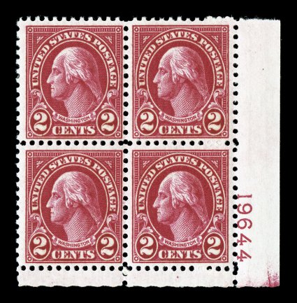 634A, 2c Carmine, Ty. II, bottom right corner plate no. 19644 block of four, deep vibrant color, o.g., lightly hinged, fine-very fine.