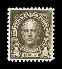 653, 12c Olive brown, precisely centered, strong rich color, o.g., n.h., extremely fine gem 2007 PSE certificate (Superb 98 SMQ $285.00).