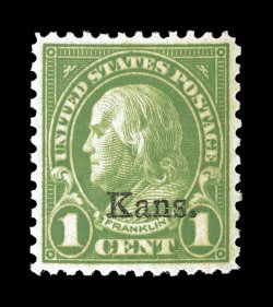 658, 1c Kans. ovpt., impeccably well centered and margined, strong color and impression, unblemished o.g., n.h., an extremely fine gem 2007 PSE certificate (Superb 98 SMQ
$470.00) one of three to grade 98, with just two grading higher (100)