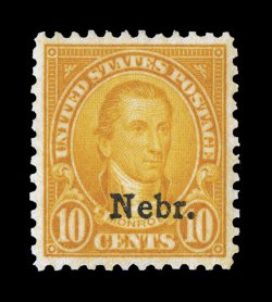 679, 10c Nebr. ovpt., a gorgeous mint example of this key value to the Kansas-Nebraska series, possessing eye-arresting radiant color and an incredibly intense impression, plus
it is perfectly centered within larger margins than typically enco