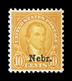 679, 10c Nebr. ovpt., excellent centering within large balanced margins all around, brilliantly fresh, flawless o.g., n.h., extremely fine and quite choice 2007 PSE certificate
(XF-Superb 95 SMQ $1,150.00).