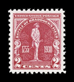688, 2c Braddocks Field, an incredibly choice mint single, absolutely perfect centering amid large margins, brilliantly rich color, o.g., n.h., superb 2007 PSE certificate (Gem
100 SMQ $230.00 for 98) one of only two examples of this stamp