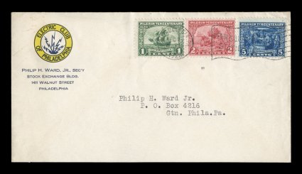 548-50, 1c-5c Pilgrim Tercentenary cplt., tied by Philadelphia, Pa., Dec. 21, 1920 machine cancel on Ward addressed first day cover, with embossed blue and yellow corner card of
the Electric Club of Philadelphia, quite fresh and very fine certa