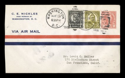 588-90, 7c Black, 8c Olive green and 9c Rose three stamp combination first day cover, each tied by bold strikes of Washington, D.C., May 29, 1926 duplex cancels on Nickles first
day cover, sent to San Francisco (backstamped), very fine and color