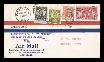 588-90, 7c Black, 8c Olive green and 9c Rose three stamp combination first day cover, tied by Washington, D.C., May 29, 1926 duplex pmks., along with 2c Sesquicentennial (627)
on air mail first day cover, sent to Spencer, Iowa, Chicago Air Mail