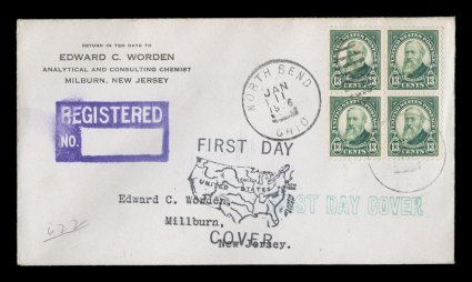 622, 13c Green, well centered block of four tied by North Bend, Ohio, Jan. 11, 1926 handstamps on registered Worden first day cover, very fine only 500 covers were serviced from
North Bend, and only a small fraction of those had blocks.
