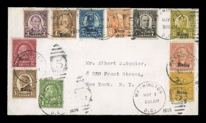 658-79, 1c-10c Kansas-Nebraska overprints cplt., each set on a first day cover, tied by Washington, D.C., May 1, 1929 duplexes, both addressed to Mr. Albert j. Squier in New
York, exceedingly fresh, a remarkably handsome matched set of first day