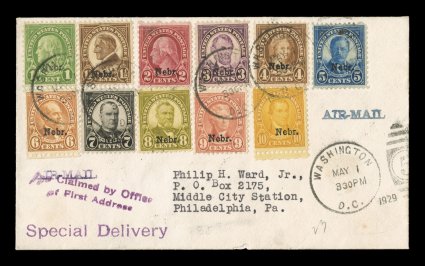 669-79, 1c-10c Nebr. ovpts. cplt. set on one first day cover, tied by Washington, D.C., May 1, 1929 duplexes on Ward addressed cover, Air Mail and Special Delivery handstamps,
Philadelphia backstamps, a very fine and colorful first day cover.