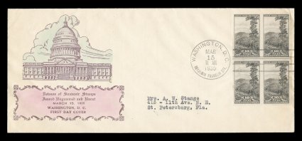 752-71, 1c-16c Imperforate Farleys cplt., each a block of four on separate business size first day covers, with unlisted cachets of White House in pastel colors, all with
matched typed address, very fine a scarce set of Farley first day cov