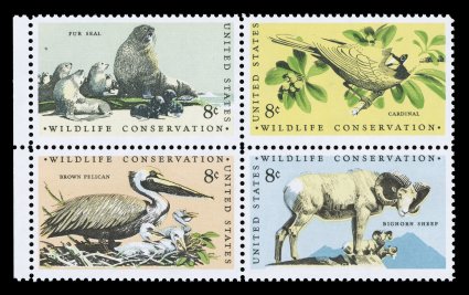 1467d, 8c Wildlife Conservation se-tenant block of four, red and brown omitted, a choice left sheet-margin example, o.g., n.h., trivial tiny inclusion in top left stamp,
extremely fine a very popular and enormously rare error with only eight