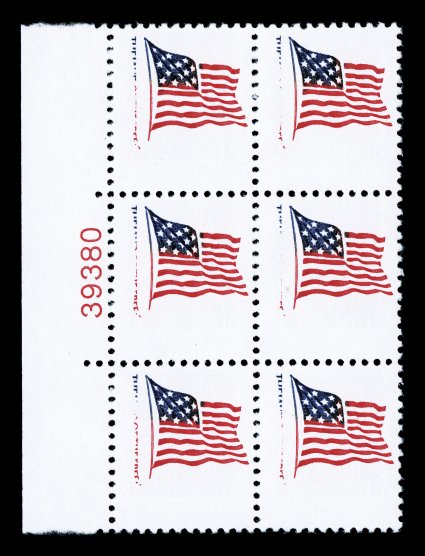 1597b, 15c Flag, gray omitted, left margin plate no. 39380 block of six, with partial red and blue color where the gray should be, which is often the case on this error, o.g.,
n.h., very fine cataloged as six singles.