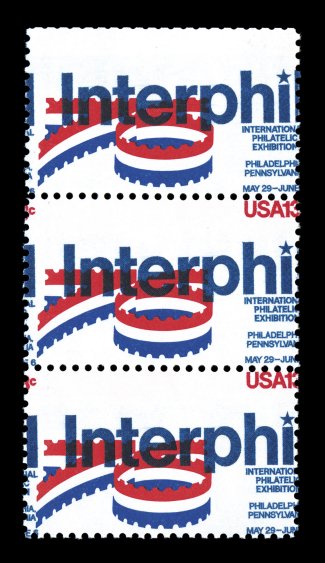 1632c, 13c Interphil, engraved red missing, vertical strip of three, the engraved red missing due to a printing misregistration, engraved blue color also shifted, o.g., n.h.,
very fine a very rare error that is listed but not yet priced in Scot