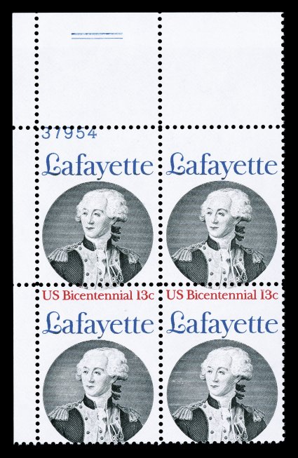 1716a, 13c Lafayette, red omitted, top left corner plate no. 37954 block of four, with the top two stamps missing the red due to a strong perf. shift, in fact the plate number
appears on the top left stamp, o.g., n.h., very fine this is the o