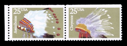2501b-05b, 25c Indian Headdresses, engraved black omitted, the five stamps from the booklet pane, comprised of two pairs and one single, o.g., n.h., very fine and rare in any
format Scott does not price the single stamps (pane of five catalogs
