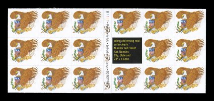 2595c, 29c Eagle and Shield, brown USA29 omitted, booklet pane of seventeen containing six errors which resulted when the USA29 was shifted to the right, causing it to be
completely omitted on six stamps and to appear at the left of the ot