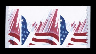 3281b, 33c Flag and City coil, light blue and yellow omitted, pair, in addition to the two missing colors, the dark blue and red colors are misregistered and shifted to the
right, making for a quite dramatic and eye-appealing error, o.g., n.h.,