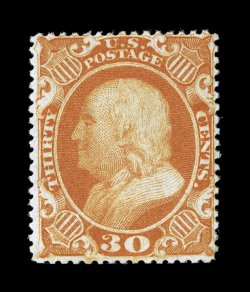 38, 30c Orange, fresh and scarce mint single, brilliant color and a strong detailed impression, nicely centered and margined, especially for this difficult stamp, o.g., lightly
hinged, very fine 1998 PF certificate.