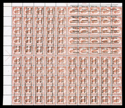 C1, 6c Orange, pre-cancelled sheet of 100, with Wehawken, N.J. pre-cancels reading up on 50 stamps, down on 25 stamps and inverted on 25 stamps, bright color, still with
original gum (a few natural gum creases), shallow margin thin affects the t