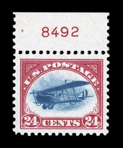 C3, 24c Carmine rose and blue, top margin plate no. 8492 single, well centered within extravagantly large margins, rich vibrant colors, pristine o.g., n.h., extremely fine 2007
PSE certificate (XF 90 Jumbo SMQ $260.00 for 90 and $670.00 for 95