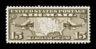 C8, 15c Map, flawlessly centered within large margins, sumptuously rich color, pristine o.g., n.h., extremely fine gem 2007 PSE certificate (Superb 98 SMQ
$275.00).