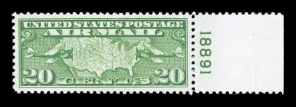 C9, 20c Map, right margin plate no. 18891 single, flawlessly well centered within large margins, brilliant color, o.g., n.h., extremely fine gem 2007 PSE certificate (Superb 98
SMQ $265.00).
