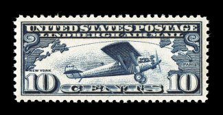 C10, 10c Lindbergh, outstanding centering within uncharacteristically large margins, intensely rich color, unblemished o.g., n.h., extremely fine gem 2007 PSE certificate
(Superb 98 SMQ $355.00) this is the highest grade the PSE has awarded