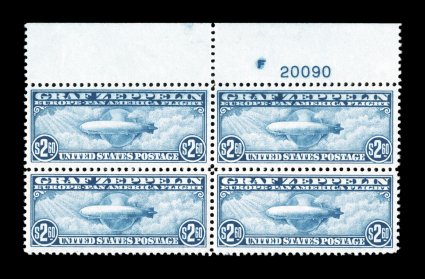 C13-15, 65c-$2.60 Graf Zeppelins cplt., in top margin plate number blocks of four, nicely centered, strong fresh colors, o.g., n.h., typical natural gum skips and bends, 65c
with a trivial perf. flaw between the top left stamp and selvage, $1.30