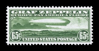 C13, 65c Graf Zeppelin, a marvelous mint single, possessing exceptionally large and perfectly balanced margins all around, deep luxuriant color and a razor-sharp impression on
fresh white paper, unblemished o.g. without a single bend or skip, n.