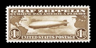 C14, $1.30 Graf Zeppelin, exceptionally well centered and margined, rich fresh color, o.g., very lightly hinged, extremely fine 2006 PSE certificate (XF-Superb 95 SMQ
$690.00).