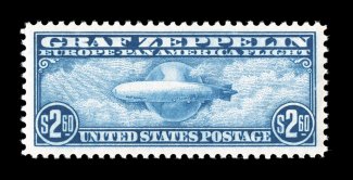 C15, $2.60 Graf Zeppelin, a most impressive mint example, extraordinarily well centered amid lavishly large margins, deep intense color and impression, fresh clean o.g., n.h.,
extremely fine an especially handsome large-margined gem 1990 and 1