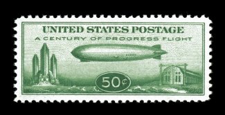 C18, 50c Graf Zeppelin, select mint single, choice centering within uncommonly large margins, bright and fresh, o.g., n.h., extremely fine 2007 PSE certificate (XF-Superb 95 SMQ
$200.00).