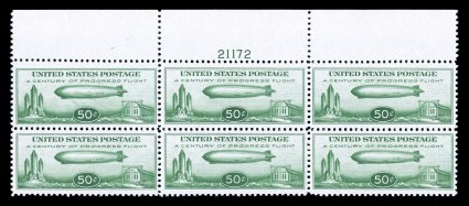 C18, 50c Graf Zeppelin, an uncommonly choice full top plate no. 21172 block of six, extraordinarily well centered (especially the middle stamps), marvelously fresh, o.g., n.h.,
extremely fine 2006 PSE certificate.