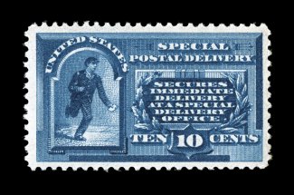 E1, 10c Blue, well centered within large margins, sumptuously rich color and a well defined impression, o.g., lightly hinged, choice very fine 1986 PF
certificate.