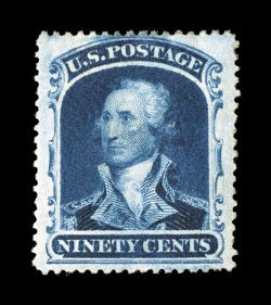 39, 90c Blue, deep intense color and a razor-sharp impression, uncommonly well centered within especially wide margins, full o.g., minor h.r., extremely fine a desirable mint
example of this scarce high value 1988 PF certificate.