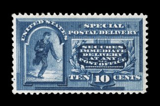 E2, 10c Blue, wonderfully well centered within large margins, strong rich color and a clean impression, o.g., lightly hinged, extremely fine and quite choice 1988 PF
certificate.