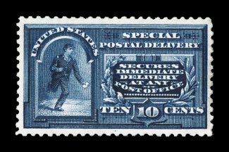 E4, 10c Blue, extraordinarily well centered and margined, deep luxuriant color, o.g., tiny faint trace of a thin speck, otherwise extremely fine clear 1988 PF
certificate.