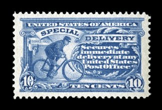 E8, 10c Ultramarine, a most impressive mint example, featuring outstanding centering within extravagantly large margins, lovely fresh color on crisp white paper, o.g., n.h.,
extremely fine gem rarely encountered in this outstanding quality 200