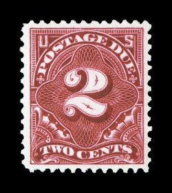 J30, 2c Vermilion, an incredibly bright and fresh mint single, with intense radiant color and an especially vivid impression on bright white paper, exceptionally well centered
and margined, o.g., n.h., extremely fine a most eye-appealing exampl