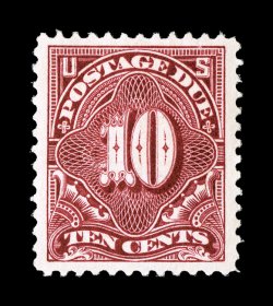 J49, 10c Deep claret, exceedingly well centered within especially wide margins, lovely rich color and a highly detailed impression, o.g., small h.r., extremely fine 2004 PSE
certificate (Superb 95 SMQ $320.00) the highest graded J49 and th