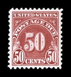 J76, 50c Carmine, a highly desirable mint example, being wonderfully well centered within wide margins which are most uncharacteristic of this tightly-margined series, vibrant
color and a highly detailed impression, o.g., n.h., extremely fine 1