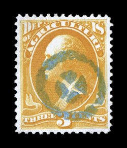 O3, 3c Agriculture, an especially pretty used single that is exceedingly well centered within large margins, rich vibrant color and a crisp impression, wonderfully cancelled by
a complete fancy blue cork pmk. which has been centrally struck,