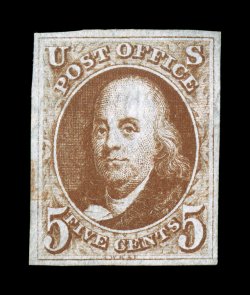1b, 5c Orange brown, with stitch watermark, large even margins all around, gorgeous color that is incredibly rich and intense, highly detailed impression, faint red cancel that is
confined to the left margin, extremely fine an especially attrac