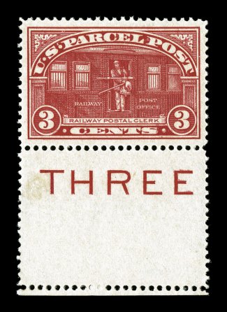 Q3, 3c Parcel Post, a spectacular bottom sheet margin THREE single, possessing lavishly large and absolutely perfectly balanced margins all around, gorgeous rich color and a
crisp detailed impression on bright white paper, o.g., n.h., superb