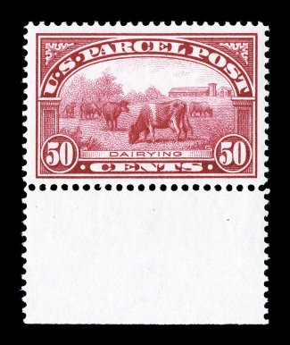 Q10, 50c Parcel Post, a beautiful bottom sheet-margin single, being marvelously well centered amid exceedingly large margins, plus it color is bright and radiant, while its
impression is well incised on brilliantly white paper, flawless o.g., n.