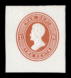 UO32, 2c Vermilion War Dept. on white, mint cut square, measuring 35x39mm, bright color, very fine 2000 PF certificate.